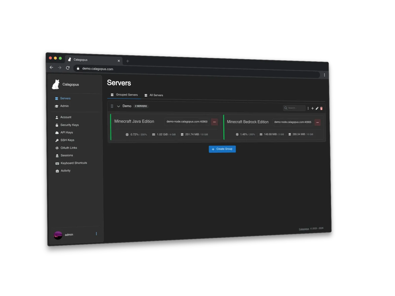 Calagopus admin panel showing the server management dashboard with two Minecraft servers