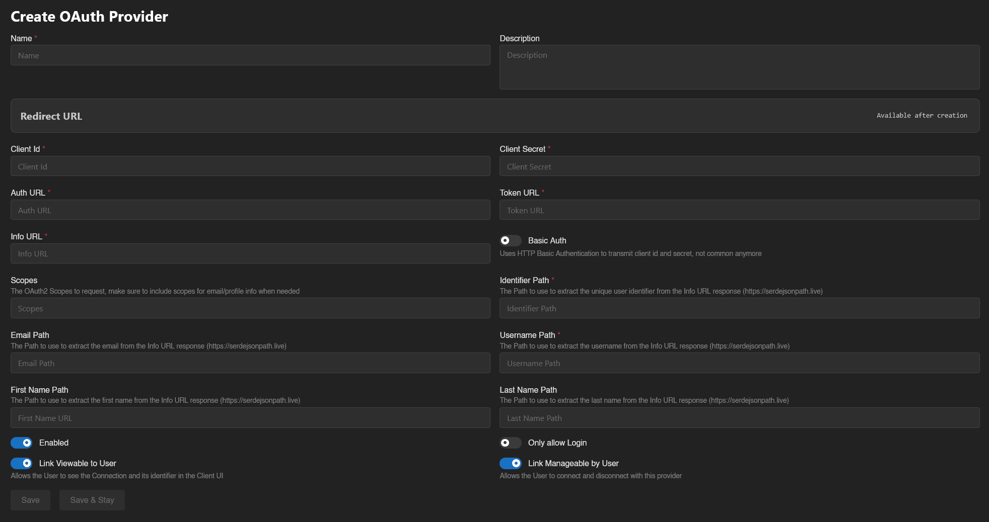 Create OAuth provider page